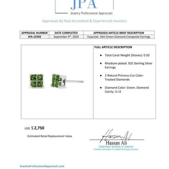 .50ct Green Diamond Earrings Set In .925 Sterling Silver, Stud Earrings - Picture 5 of 5